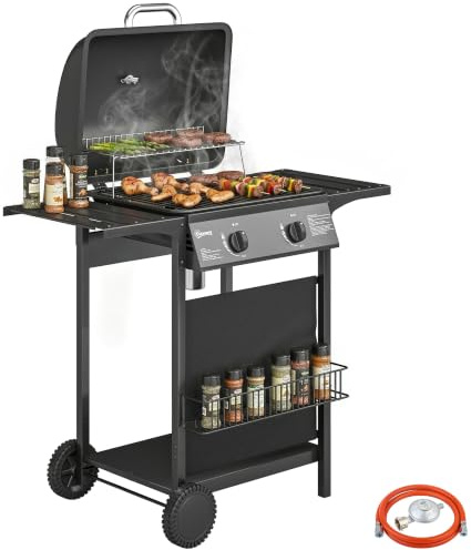 Outsunny Barbecue a Gas con 2 Bruciatori da 5KW Portatile con Griglia | BBQ a Gas Propano, Ripiani Laterali e Inferiore, Vaschetta per Grasso, Cesto, Termometro, Manico Acciaio Inox