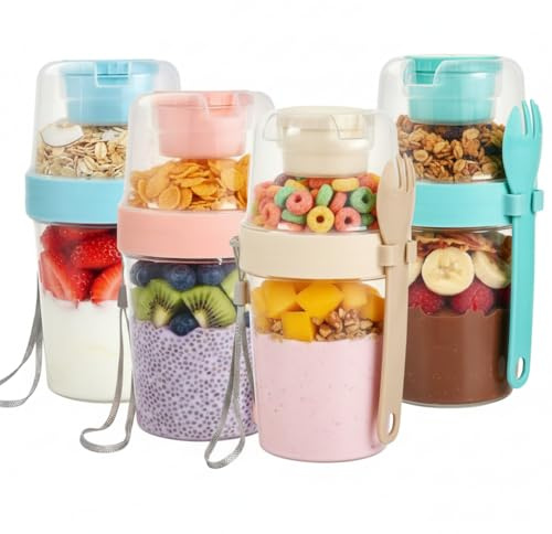 Müslibecher To Go mit Löffel, 4er Joghurtbecher To Go, 800 ML Joghurtbecher | 2 In 1 Müsli Becher für Joghurt Obst Gemüs für Schule Büro Reise Porridge Becher(Blau Mintgrün Rosa Weiß)