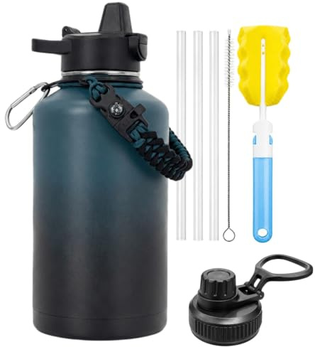 Borraccia Termica 1.9L litri Acciaio Inox, Bottiglia Termica con Cannuccia | Acciaio Inox 18/8, Manico in Paracord, Senza BPA, Borraccia Termica 2 litri per Sport, Palestra e Campeggio