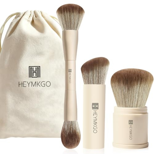 HEYMKGO Lot de 3 Pinceaux Maquillages – Pinceau Fond de Teint Double Extrémité, Pinceau Kabuki Rétractable, Pinceau Blush Angulaire – Pinceau Maquillage Rétention cosmétique en déplacement avec Sac