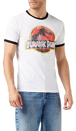 Jurassic Park Herren Distressed Logo T-Shirt, Ringer White/Black, M