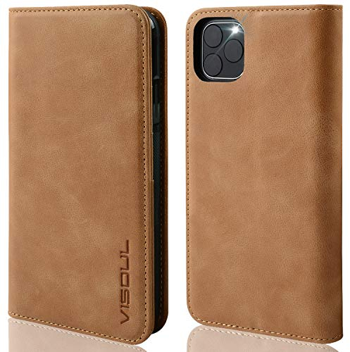 VISOUL Apple iPhone 11 Pro Max Wallet Case Genuine Leather Kickstand Magnetic Close RFID Blocking Cash Card Slots Flip Folio Shockproof Cover with TPU +PC Inner Shell-6.5 Tan