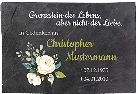 wandmotiv24 Schiefertafel Trauer, Gedenktafel Verstorbene Querformat 30x20cm Personalisiert Name in Farbe + Datum, Trauerspruch + Farbmotiv Weiße Rose, Digitaldruck, Witterungsbeständig