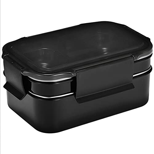 zaizai 1400ml Double-Layer Hot Meal Insulation Box, Stainless Steel & PP, Black, 2 Compartments, Leak-Proof, Easy to Clean, Perfect for Work or School