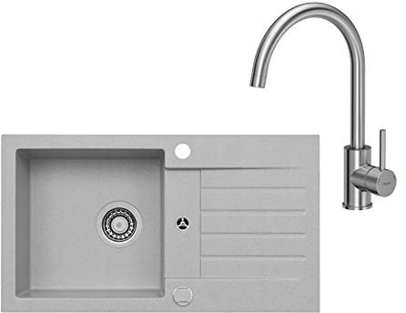 VBChome Spüle mit Armatur 75 x 42 cm Grau Spültischarmatur Granit Einzelbecken Einbauspüle gesprenkelt reversibel Verbundspüle Siphon Drexexcenter Wasserhahn Einhebel
