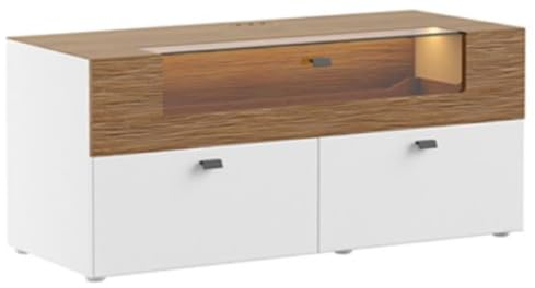 Casa Padrino TV Schrank Braun/Weiß 125 x 48 x H. 55 cm - Beleuchteter Massivholz Fernsehschrank mit Schubladen - Moderne Wohnzimmer Möbel