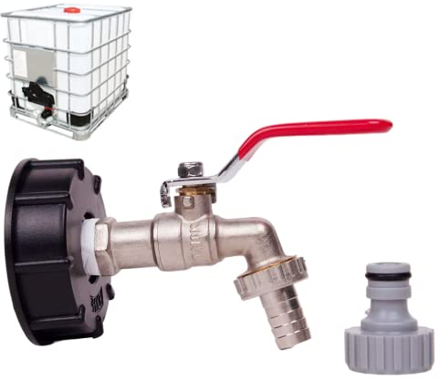 Robinet Cuve 1000L Robinet Recuperateur Eau De Pluie, Adaptateur De Réservoir d'eau IBC 1/2 Double Robinet Recuperateur Eau De Pluie,Robinet en Laiton Fabriqué en PP Filetage Gros 60 Mm (1pc)