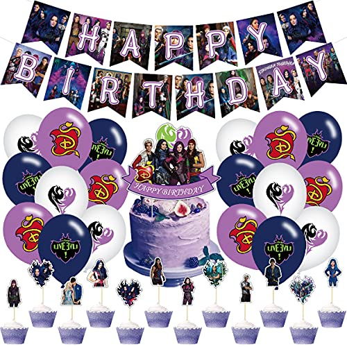 XIAOHUANXIONG Descendants Birthday Party Decorations Supply Set for Kids with Happy Birthday Banner, Cake Topper, Cupcake Toppers, Balloons for Party Decorations