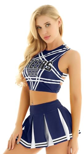 iiniim Damen Cheer Leader Kostüm Cheerleading Uniform Crop Tops mit Faltenrock Schulmädchen Kostüm Cosplay Halloween Fasching Karneval Kostüm S-XXL Marine Blau M