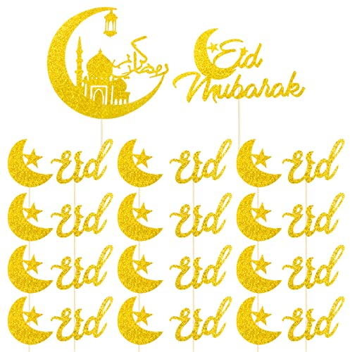 28 Pcs Eid Mubarak Tortendeko Set Glitzer Gold 2 Stk Große Cake Topper und 26 Stk kleine Cupcake Toppers mit 2 Stil Ramadan Kuchendekoration Eid Mubarak Tortenaufsatz