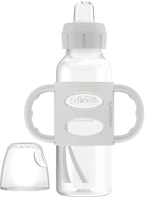 Dr. Brown's Milestones Schmale Schnabelflasche mit 100 % Silikongriffen, handliche Griffe mit weichem Schnabelauslauf, 250 ml, Grau, 1 Stück, ab 6 Monaten