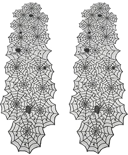 FYBlossom 2 Stück Halloween Spinnennetz Tischläufer Deko, Halloween Geister Spitze Tischläufer Waschbar Tischdecke, Schwarz Spitze Tischband Halloween Tischdeko für Wohnzimmer Esszimmer Kamin Party