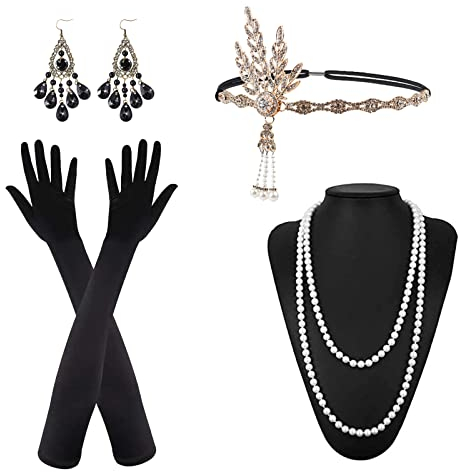 VIKSAUN 5 Stück 1920er Jahre Zubehör Set,Gatsby Kostüm Zubehör Set für Frauen,Vintage Stirnband Halskette Lange Handschuhe Ohrringe Armband für 20er Jahre Party,Mode Retro Damen Accessoires