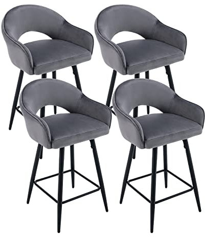 chairus Barhocker Drehbar mit Armlehnen Samt Bistrohocker 4er Set Tresenhocker Küche Hoher Hocker mit 4 Beine (Grau(Samt)-4)