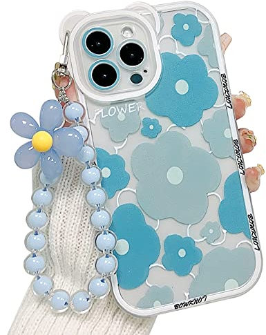 NITITOP Compatible for iPhone 13 Pro Max Case Clear Flower Floral Camera with Lovely Bracelet Chain Bear Lens Case for Women Girls, Shockproof Protective Soft TPU Cover-Blue