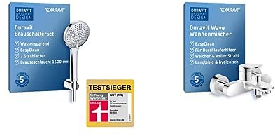 Duravit Brauseset mit Wannenarmatur, wassersparende Handbrause, Wandanschlussbogen, flexibler Brauseschlauch und Aufputz Wannenarmatur, chrom