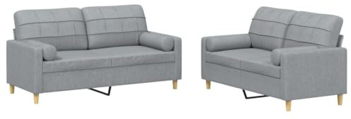 vidaXL Sofagarnitur 2-TLG., Sessel Couch mit Kissen, Sofa Wohnzimmersofa mit Armlehnen, Couchgarnitur Designsofa Sitzmöbel Polstermöbel, Hellgrau Stoff