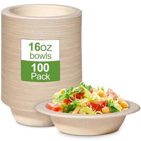 GREENESAGE 100 Pack 16oz Disposable Bowls Paper Bowls Eco-Friendly, Sugarcane Strong Brown 470ML Bowls Biodegradable Soup Dishes for Parties BBQ Christmas