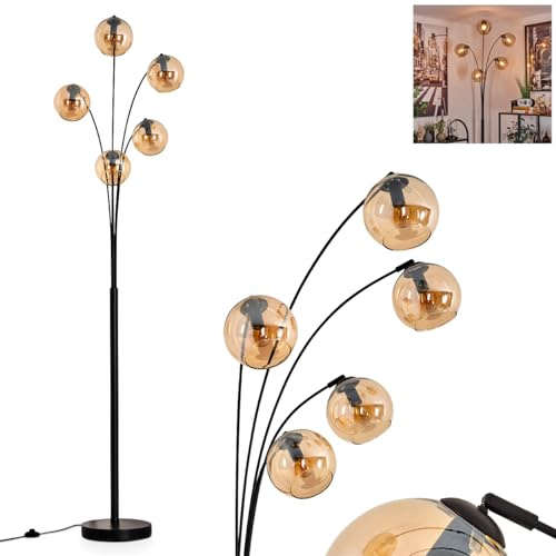 Stehleuchte Koyoto, Stehlampe aus Metall/Glas in Schwarz/Bernsteinfarben, Leuchte im modernen Retro/Vintage-Design mit Schirmen aus Glas (Ø 15cm) u. Fußschalter, Höhe 210cm, 5 x E14, ohne Leuchtmittel