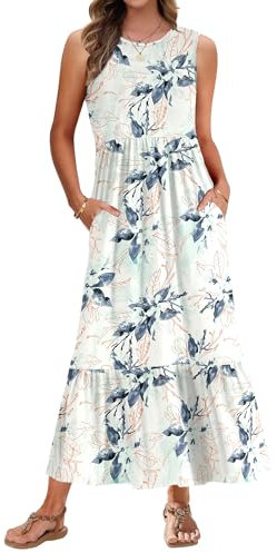 AUSELILY Maxi Dresses for Women Sleeveless Ladies Summer Dresses Round Neck Beach Cover-ups Sundress Casual Tiered Long Dress with Pockets White Green Flower M