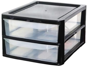 Khanary Plastic Storage Drawer A4 Storage Box Multipurpose Organizer Office Desktop Tabletop Counter School Bedroom Garage Kids Room Vanity organizer Black/Silver-Clear (Black Clear, 2 Tier Small)