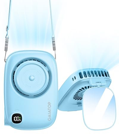 gaiatop Mini Neck Fan, Rechargeable LED Power Display 3 Speed 360°Rotate Lash Makeup Mirror Cute Camera Design, Small Portable USB Handheld Desk Fans Personal Cooling Travel Essentials Blue