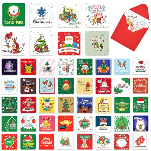 DTYGUICE 48 Stück Weihnachtskarten Set, Mini Weihnachtsgrußkarten, 7 * 7cm Weihnachtskarten mit Umschlag, Süße Grußkarten Weihnachten für Freunde, Familie, Kollegen und andere geliebte Menschen