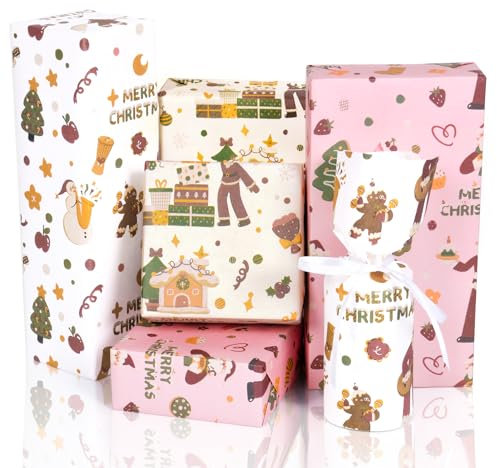 Toptime Geschenkpapier Weihnachten, Rosa und Weiß Kraftpapier Weihnachten mit Weihnachtsbaum Schneemann Merry Christmas, 6 Blatt Niedliches Weihnachtspapier für Kinder, Jungen, Mädchen, 70x50cm