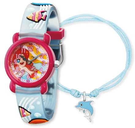 Engelsrufer Herzengel Kinder Uhrenset mit Meerjungfrau Motiv - Analoge Armbanduhr, Robustes Kunststoffgehäuse, Weiches Band, 27mm, 3ATM mit Passendem Nylonarmband und Stiftemäppchen