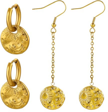 JewelryWe: 2 Paar Gold Edelstahl Huggie Creolen mit Halbmond Stern Runde Anhänger Tropfen Baumeln Ohrringe Statement Ohrringe Schmuck Geschenk für Frauen Mädchen