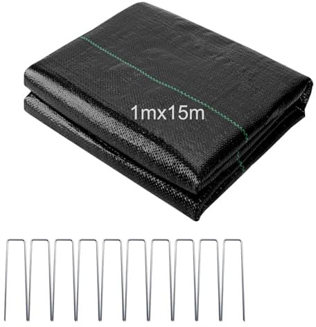 Toile de Paillage 1x15M, 15㎡ Geotextile Anti Repousse 90g/m² Géotextile, Bache Anti Mauvaise Herbe, Bâche Résiste Rayons UV, Toile Anti Mauvaises Herbes/Bache de Paillage pour Aménagement Paysager