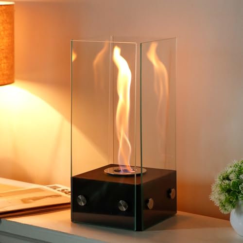 JHY DESIGN Caminetto da Tavolo Rettangolare in Vetro Altezza 35 cm Portatile a Bioetanolo a Combustione Pulita Senza Canna Fumaria con Fiamma Rotante per Interni Esterni Patio Feste ed Eventi (Nero)