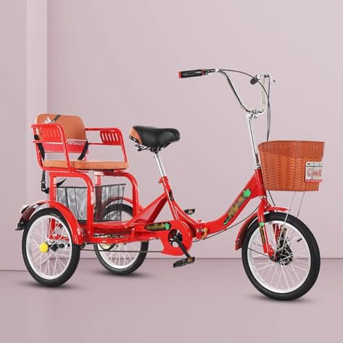 MegLob 16 in Erwachsenendreirad Mit Rücksitz, Stabiles 3-Rad-Kreuzfahrtfahrrad Für Paareinkäufe, 3 Räder-Kreuzfahrt-Trike-Fahrrad Mit Vorder- Und Rückkorb, Three Wheel Beach Cruiser,Rot