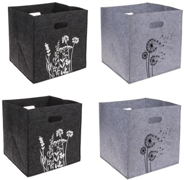 LK Trend & Style Aufbewahrungsboxen aus Filz mit Löwenzahn-/Wildblumenmotiv, 32 x 32 x 32 cm, 2 Ausführungen (Megaset 2xGrau + 2xAnthrazit - 4 Boxen)