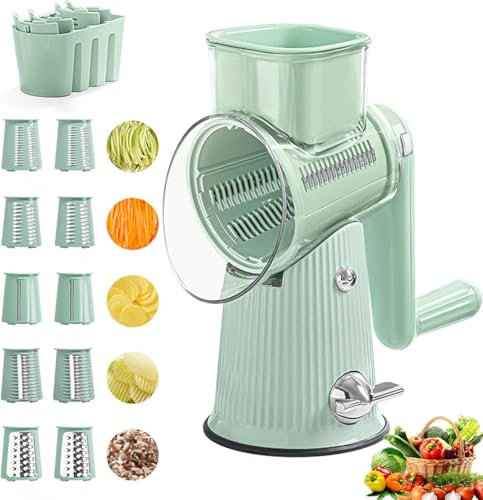 Cheese Grater Rotary Shredder, 5 in 1 Hand Crank Vegetable Slicer with 10 Interchangeable Blades and Handle and Storage Box for Potato, Carrot, Cheese, Chocolate, Vegetable (Green)