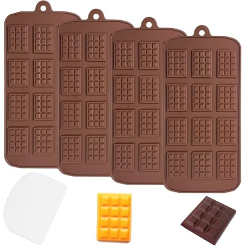 YXHZVON Moule Silicone Tablette de Chocolat, 4 Pièces Moules à Chocolat de 12 Cavités + 1 Grattoir, Moule Silicone Patisserie pour la Fabrication de Chocolats, Gelées et Confiseries