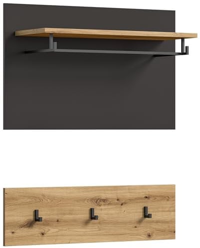 Newroom Garderobenpaneel Artisan Eiche Basalt Grau Wandgarderobe Modern Industrial - 80x73x27 cm (BxHxT) - Hakenleiste Garderobe - [Amalthea.Four] Flur Diele Eingang