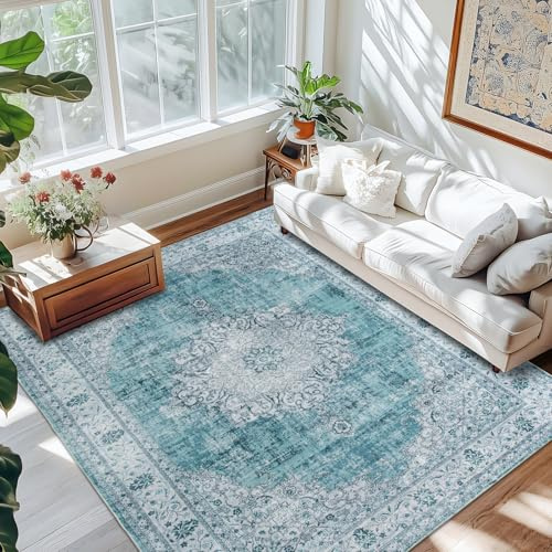 Taleta KALU Waschbarer Teppich, Wohnzimmer, groß, blau, rutschfest, Vintage, orientalisch, weicher Kurzflor-Teppich für Küche, Esszimmer, Schlafzimmer (Blau, 160 x 230 cm)