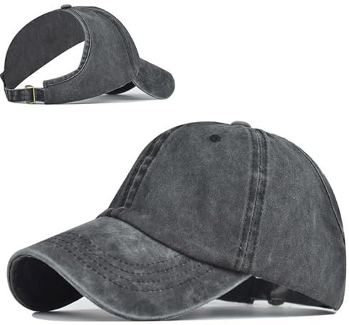 Enwokran Backless Ponytail Hat Washed Vintage Distressed Cotton Baseball Cap for Women, Curly Hair Adjustable High Messy Bun Afro Puff Ponycap (Black)