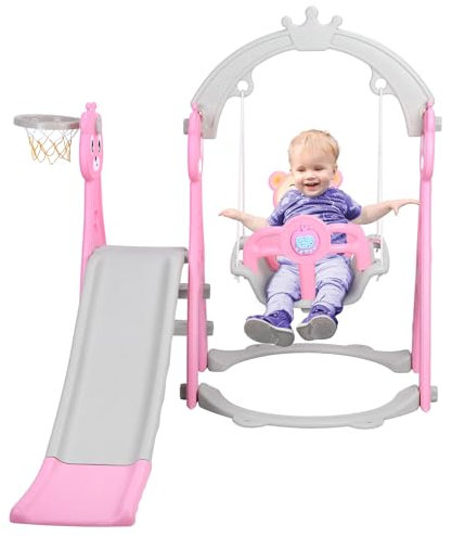 joukares Babyrutsche, 5-in-1-Kinderschaukel-und Rutschenset MIT BasketballKorg, Indoor-Klettergerüst, Outdoor und Indoor-Schaukel für Kinder, Outdoor-Spielger nach Rosa