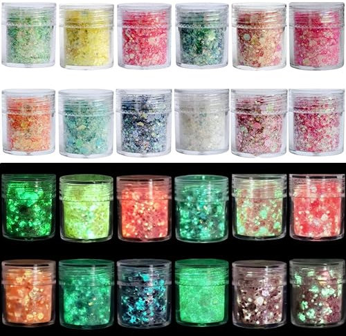 Wenrescry 12 Colores de Purpurina Fluorescente para Maquillaje – Glitter Facial para Carnaval, Cuerpo, Uñas, Cabello – Festival Brillante que Brilla en la Oscuridad