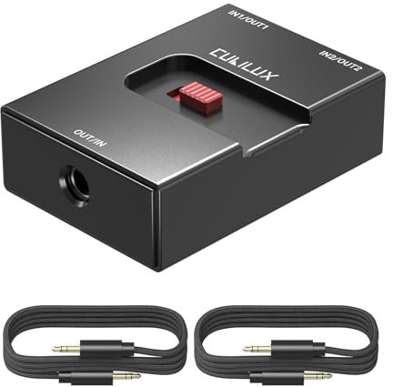 Cubilux Selector de audio de 3,5 mm, conmutador de auriculares TRS de 1/8 pulgadas, caja de aluminio ultracompacta, palanca pasiva A/B AUX para PC
