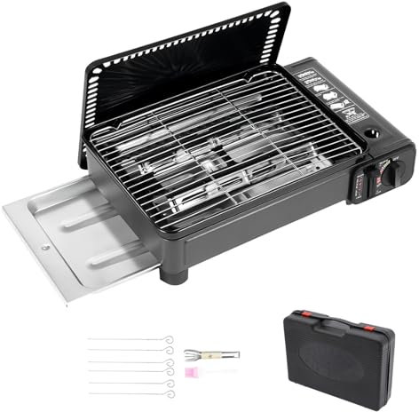 Charocean Tragbarer Camping Gasgrill Klein mit Grillnetz, Kartuschen Gasgrill Tischgrill Gas, Mini Gaskocher mit Grillplatte, Gaskartuschen Camping Grill Gas Klein Grill Camper für Reisen, Trekking