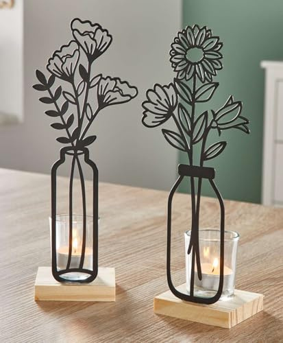 Dekoleidenschaft 2X Teelichthalter Metallblumen matt schwarz, 27 cm hoch, Kerzengläser auf Holz-Sockel, Metall Deko mit Windlicht-Glas, Kerzenständer