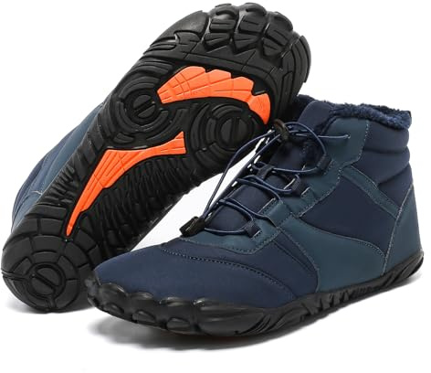 Winter Barefoot Shoes Men with Non Slip Soles, Warm Snow Boots Faux Fur Lined, Wide Toe Box Ankle Footwear, Five Finger Walk Sneakers Waterproof Blue