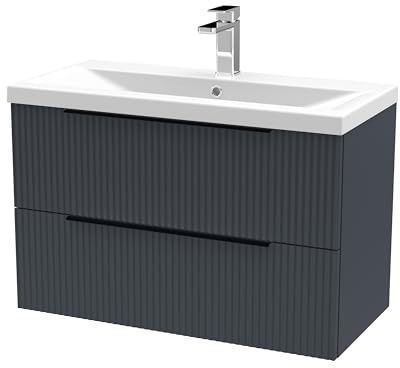 Balterley Vanity Unit with Basin Wall Hung, 2 Drawer Soft Close with Mid Edge Sink and Handles, Bathroom Vanity Units with Basin, Fluted Front Sink Cabinet - 810 x 390 x 540mm (Dark Grey)