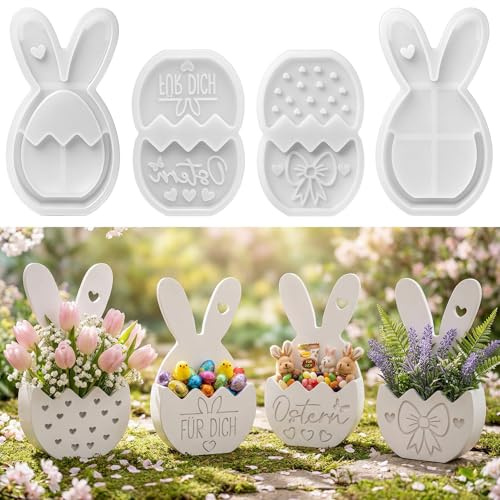 4 Stück Silikonformen Ostern Gießformen, Ostern für Kleiner Blumenkorb-Hase Gießformen, Ostern Kaninchen Silikonform, Silikon gießformenGips, 3D Osterhase Kerzenformen, Silikon Gießform