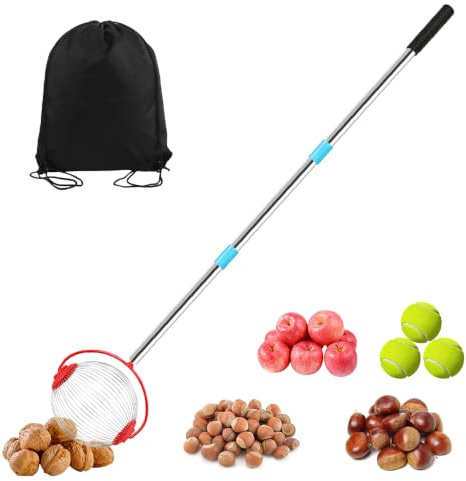 Apfelsammler Rollsammler, 1.2m Obstsammler Rollsammler mit Obstbeutel | Nusssammler Rollsammler mit Ovaler Erntekorb, Apfelaufsammler Rollsammler kirschen für Nüsse Obst Golfbälle Tennisbälle