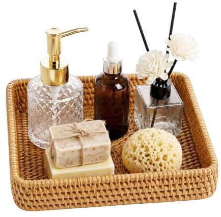 GREENSAPPIRE Rattan Bathroom Vanity Trays Toilet Tank Baskets Long Narrow Hand Towel Storage Basket for Storage, Decorative Small Woven Wicker Entryway Decorative Basket, Coffee Table (Brown Square)