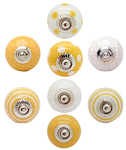 G Decor Yellow and White Handmade Assorted Designs Ceramic Door Knobs, Vintage, Shabby Chic, Interior Furniture, Cabinet Cupboard Drawers Pulls Handles (8-Pack)